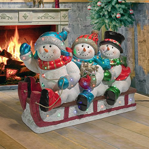 Design Toscano Downhill to the Holidays Illuminated Snowman and Sled Statue Full Color