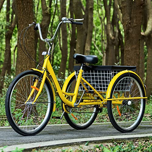 FVSTR GEESEN 24 Inch Adult Tricycle Trike 3 Wheel Bike 6 Speed Shift 6-Speed Gears, Scout Trike + Shopping Basket Yellow