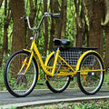 FVSTR GEESEN 24 Inch Adult Tricycle Trike 3 Wheel Bike 6 Speed Shift 6-Speed Gears, Scout Trike + Shopping Basket Yellow