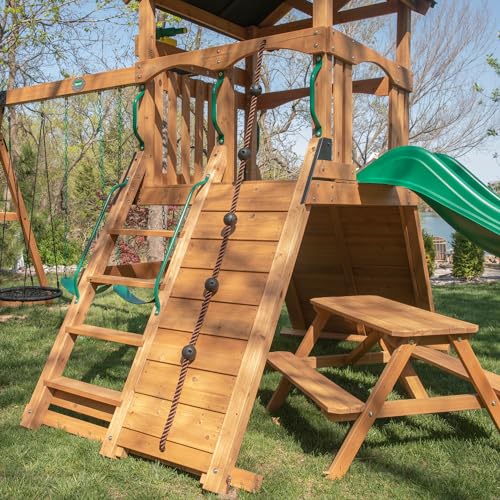 Backyard Discovery Endeavor II Cedar Swing Set Playset Green Wave Slide