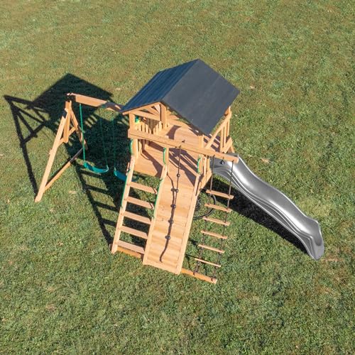 Backyard Discovery Endeavor Cedar Swing Set with Gray Wave Slide