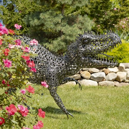 Zaer Ltd. 5.6 ft. Tall Crouching Tyrannosaurus Rex Outdoor Metal Statue "T-Bone" Metallic