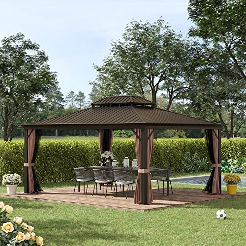 Outsunny 12' x 16' Hardtop Gazebo with Curtains and Netting Coffee