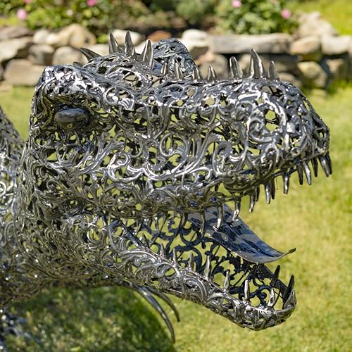 Zaer Ltd. 5.6 ft. Tall Crouching Tyrannosaurus Rex Outdoor Metal Statue "T-Bone" Metallic