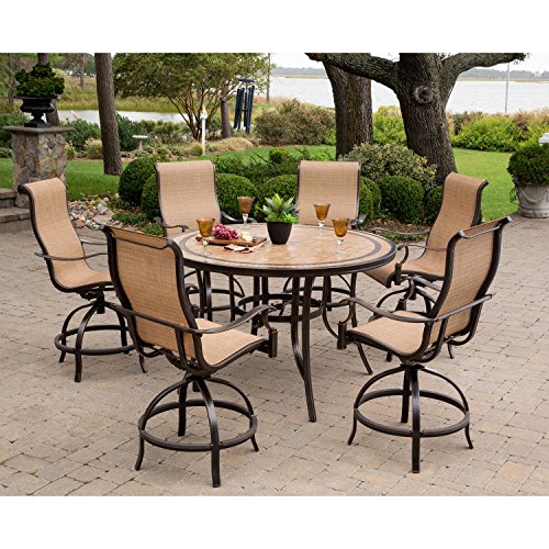 Hanover Monaco 7-Piece Outdoor Dining Set with Contoured Swivel Chairs and 56" Round Tile-Top Table Tan