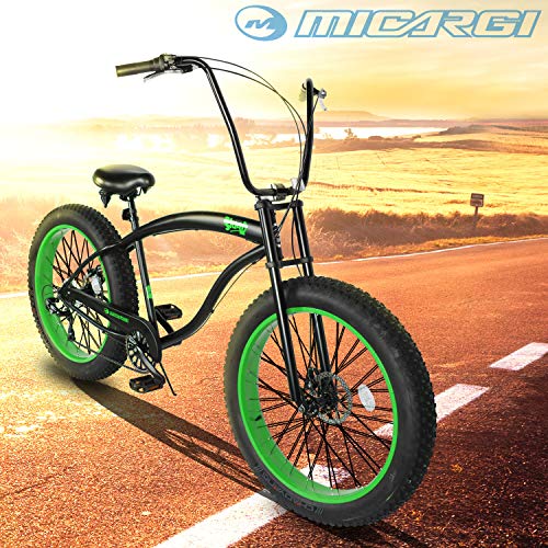 MICARGI 26” Beach Cruiser Bicycles Fat Tire Bikes 18.5-Inch Medium High-Tensile Steel Frame, Variable 7 Speed Green BK/NGRN