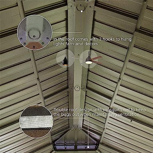 LOPOO Hardtop Gazebo with Curtains & Netting - Aluminum Frame Pavilion with Steel Double Roof Canopy for Patio, Backyard, Lawn - Yellow Brown 12ft x 20ft