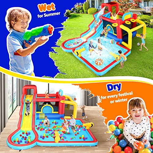 AKEYDIY Inflatable 10-in-1 Bounce House Water Slide with Splash Pool & 620W Blower