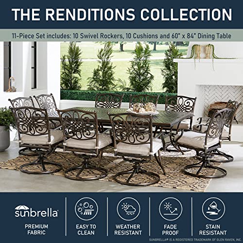 Hanover Renditions 11-Piece Outdoor Dining Set with Sunbrella® Fabric, 60"x84" Table & Swivel Chairs in Silver/Bronze