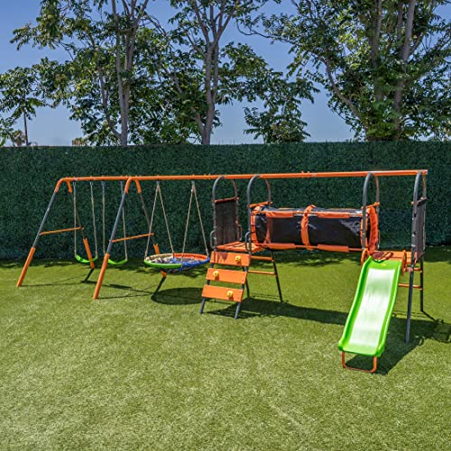 Jungle Warrior Anaconda Metal Swing Set with Saucer & Sling Swings, Rock Wall, 5ft Slide Orange/Green/Grey