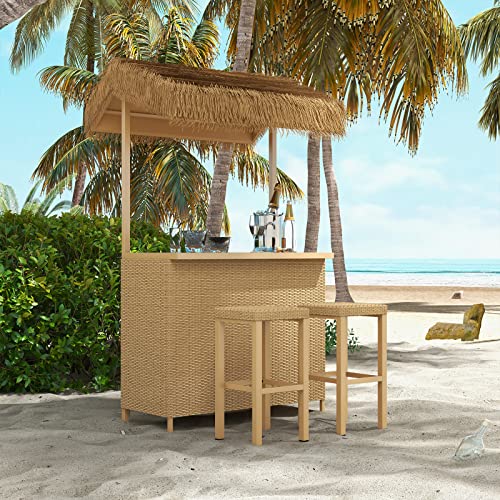 Grand Patio Outdoor Tiki Bar Set with Widen Ceramic Top, Phuket 3-Piece Wicker Islander Tiki Bar and 2 Stools, Tan