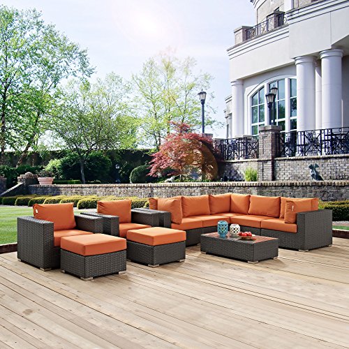 Modway Sojourn Wicker Rattan 10 Piece Outdoor Patio Sectional Set Canvas Tuscan