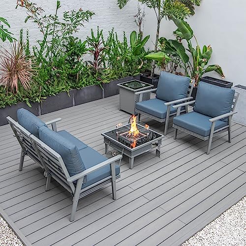 LeisureMod Walbrooke Modern Aluminum 5-Piece Patio Conversation Set with Fire Pit Table Navy Blue