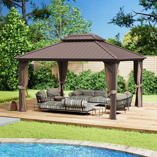 Kozyard Caesar 12'x16' Hardtop Gazebo with Netting and Curtains Brown