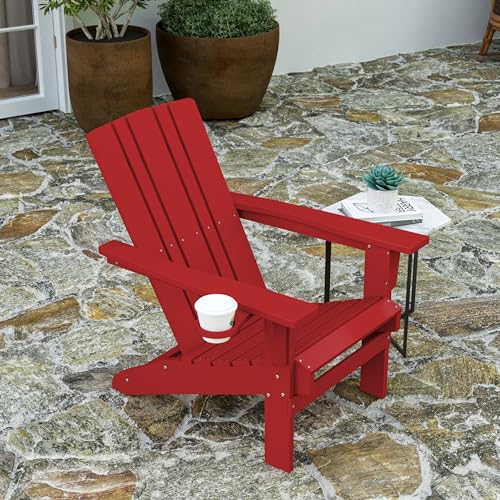 Merrick Lane Ridley Adirondack Chairs Set of 4 with Cup Holders, Weather Resistant Poly Resin Red