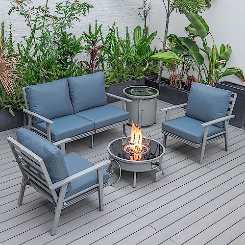 LeisureMod Walbrooke Modern Aluminum 5-Piece Patio Conversation Set with Firepit Navy Blue