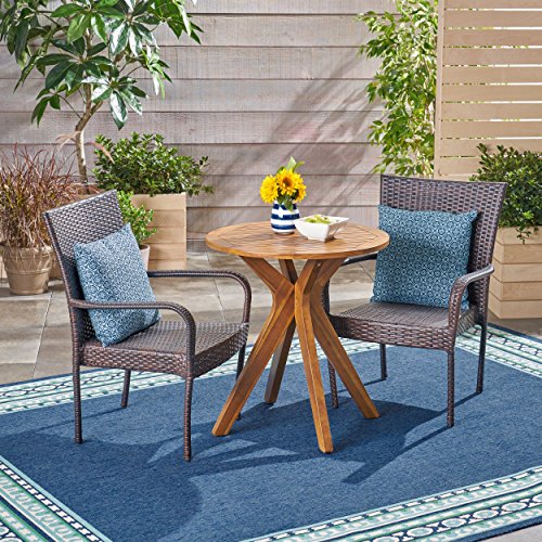 Great Deal Furniture GDFStudio Outdoor 3 Piece Acacia Wood and Wicker Bistro Set Teak Finish + Multi Brown