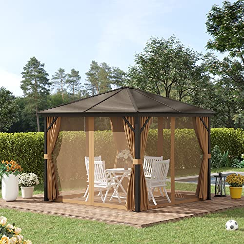 Outsunny 10' x 10' Hardtop Gazebo with Curtains and Netting Brown