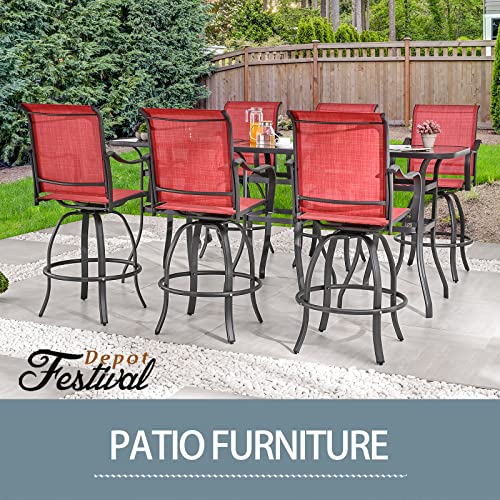 Festival Depot 9pcs Patio Dining Set Bar Height Swivel Bistro Chairs with Armrest and Tempered Glass Table Red