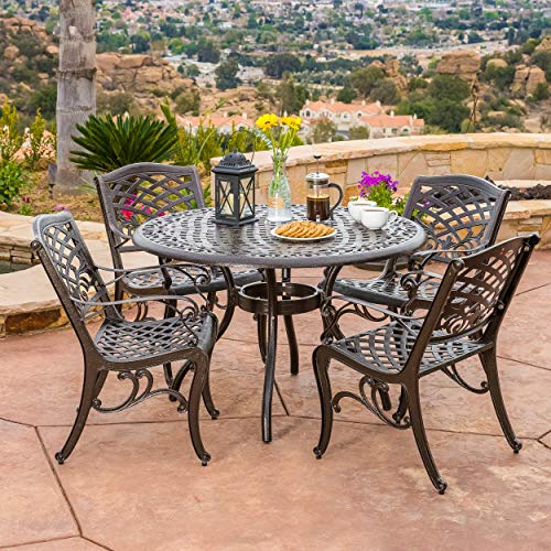 Christopher Knight Home Hallandale 5-Pc Outdoor Cast Aluminum Dining Set Hammered Bronze