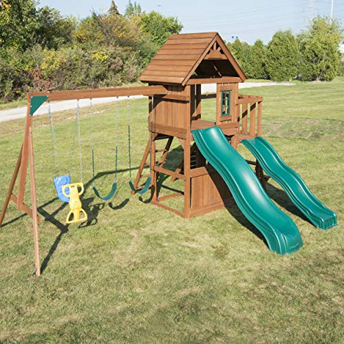 Swing-N-Slide Lookout Mountain Wooden Swing Set with Slides & Climbing Wall Brown