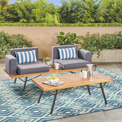 Kaimei Acacia Wood Outdoor Loveseat Set with Table - Patio Furniture - Natural Grey
