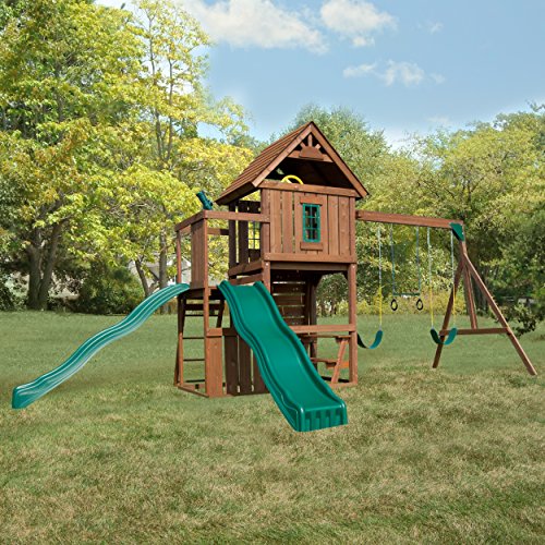 Swing-N-Slide Mont Eagle Play Set with Swings, Slides, Rock Wall, Picnic Table Green