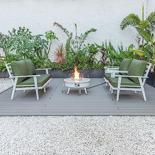 LeisureMod Walbrooke Modern Aluminum 5-Piece Patio Conversation Set with Firepit Table Green