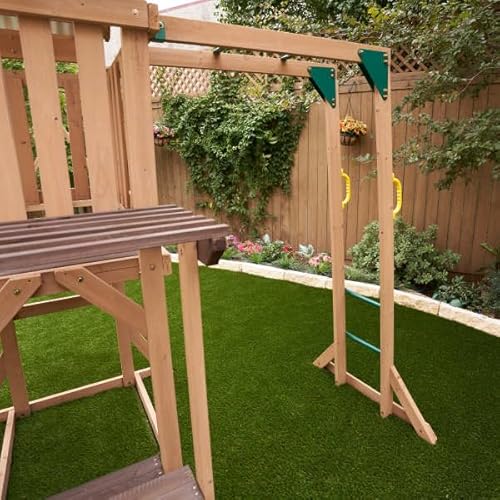 KidKraft Lawnmeadow Wooden Swing Set with Swings, Slide, Sandbox, Telescope, Rock Wall, Monkey Bars Brown