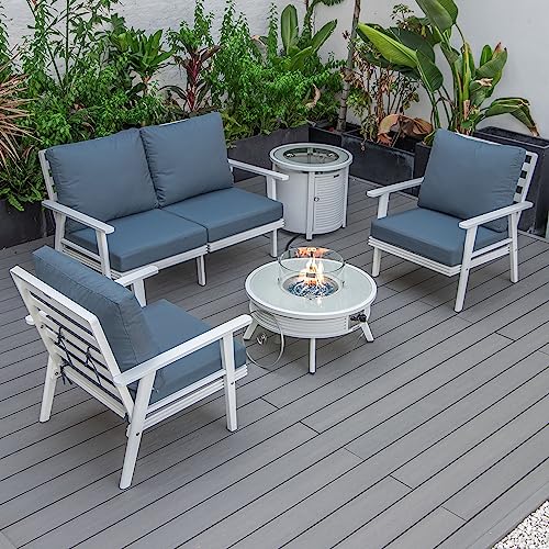 LeisureMod Walbrooke Modern Aluminum 5-Piece Patio Conversation Set with Fire Pit Navy Blue
