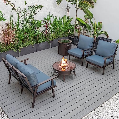 LeisureMod Walbrooke Modern Aluminum 5-Piece Patio Conversation Set with Firepit Table Navy Blue