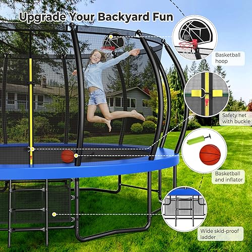 Lyromix 16FT Pumpkin Trampoline with Sprinkler & Basketball Hoop Navy Blue