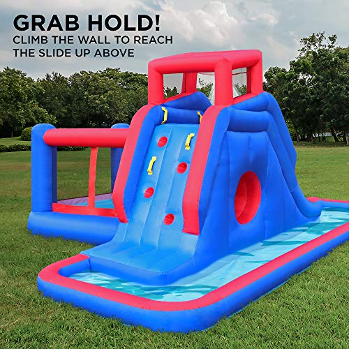 SUNNY & FUN 2-in-1 Inflatable Water Slide Park with Climbing Wall, Slide, Bouncer & Splash Pool Blue/Red