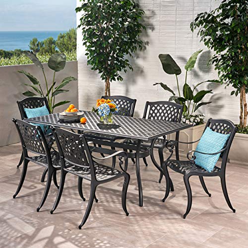 Christopher Knight Home Cayman Outdoor 6-Seater Cast Aluminum Dining Set 7-Pcs Black Sand