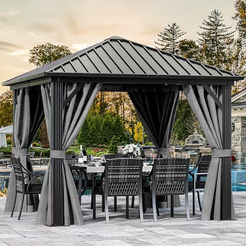 DWVO 10x10ft Hardtop Gazebo with Nettings and Curtains, Heavy Duty Galvanized Steel, Gray