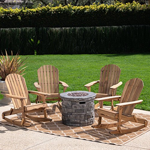Great Deal Furniture Outdoor 5 Piece Acacia Wood Adirondack Rocking Chair Set with Fire Pit Grey + Natural