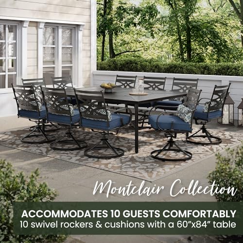 Hanover Montclair 11-Piece Patio Dining Set with 10 Swivel Rocker Chairs and Lumbar Pillows Navy Blue