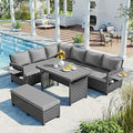 Merax 5-Piece Outdoor Patio Furniture Set, All Weather Sectional PE Rattan Sofa with Dining Table and Bench, Grey