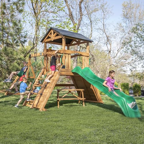 Backyard Discovery Endeavor II Cedar Swing Set Playset Green Wave Slide