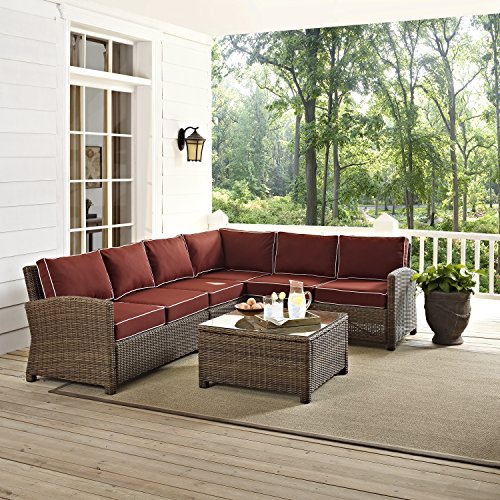 Crosley Furniture Bradenton 5-Piece Outdoor Sectional Sofa Set Brown with Sangria Cushions