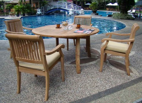 WholesaleTeak 5 Pc Luxurious Grade-A Teak Dining Set 48" Round Table & 4 Stacking Arbor Arm Chairs Brown