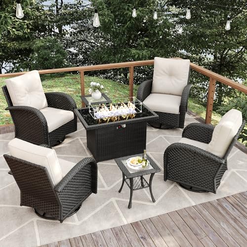 Vakollia 7-Piece Patio Furniture Set with Fire Pit Table and Swivel Rocking Chairs Black/Beige