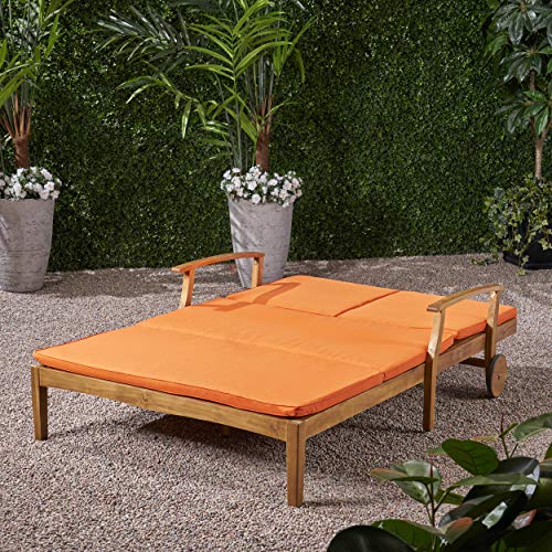 Great Deal Furniture GDFStudio Double Chaise Lounge Acacia Wood Teak Finish Orange Cushions