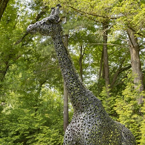 Zaer Ltd. 9 Ft Tall Mommy and 7 Ft Tall Baby Giraffe Iron Garden Statues Metallic Black and Silver