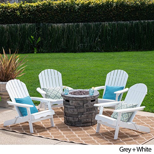 Great Deal Furniture Outdoor 5 Piece Acacia Wood & Lightweight Concrete Adirondack Chair Set with Fire Pit Grey & White