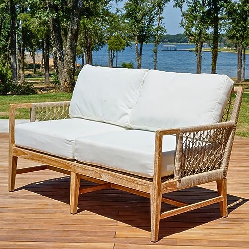 Posh Pollen Premium Grade-A Teak Wood Outdoor Loveseat Sofa with Woven Rope White