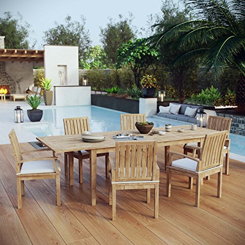 Modway Marina 7-Piece Teak Wood Outdoor Patio Dining Furniture Set Natural White