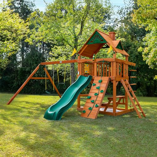 Gorilla Playsets Chateau Swing Set with Wave Slide and Rock Wall Amber