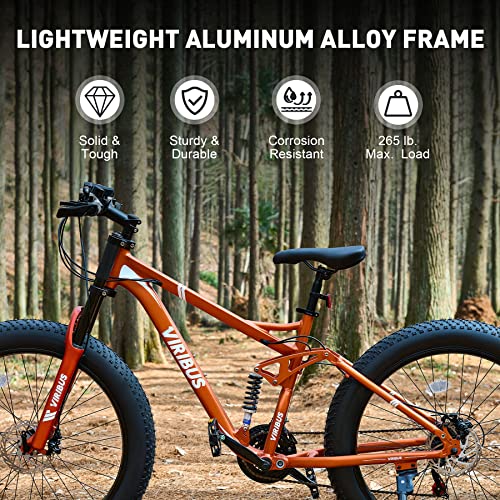 Viribus Fat Tire Bike Mens Mountain Bike Full Suspension 21 Speed Aluminium Alloy Frame 26" MTB Adult Bicycle Orange