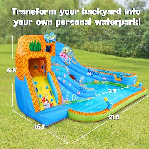 SUNNY & FUN Spongebob Deluxe Inflatable Water Slide Park with Climbing Wall & Splash Pool